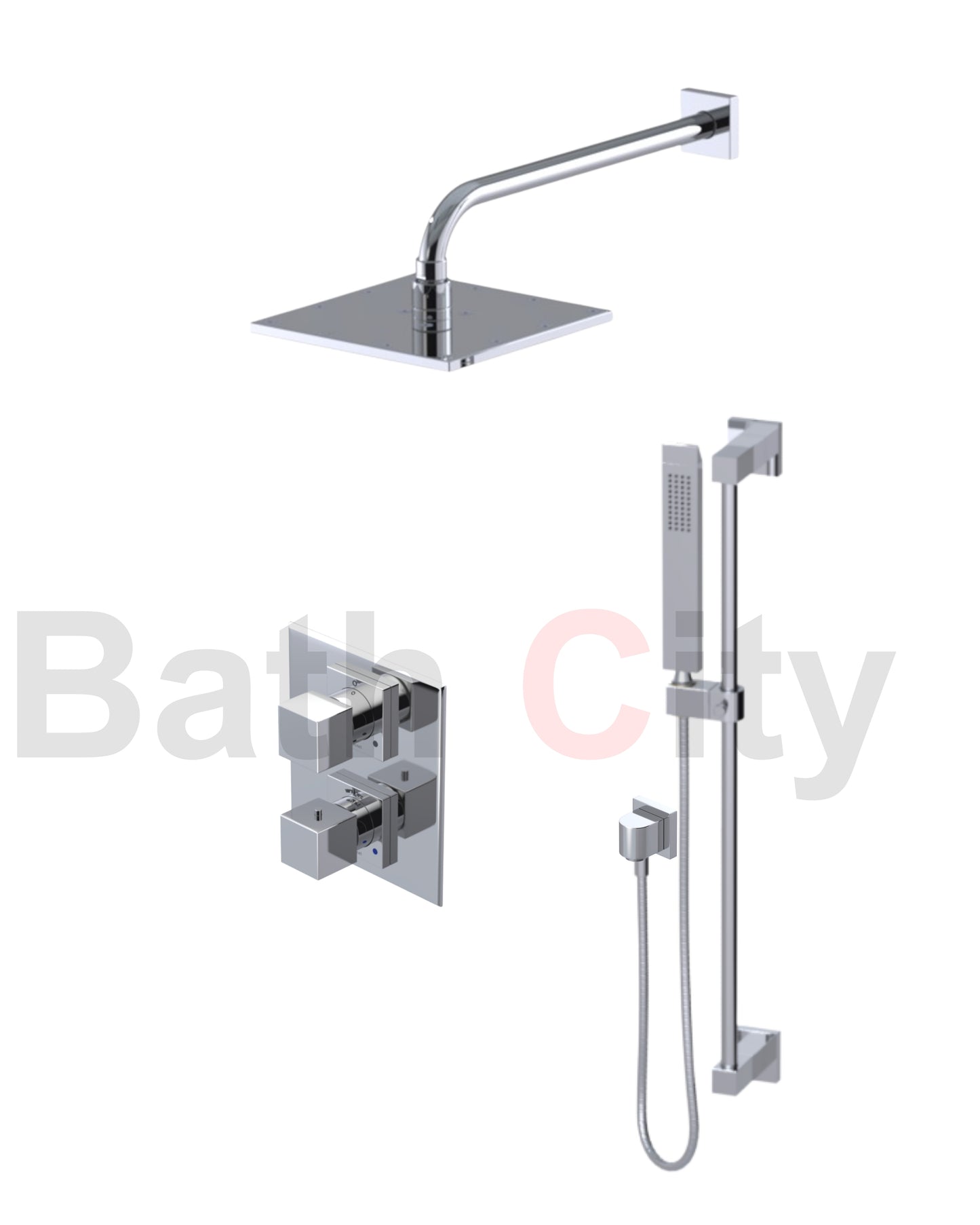 RUBINET 21RSQ Seven Temperature Control Shower with Two Way Diverter & Shut-Off, Hand Held Shower, Adjustable Slida Bar, Integral Supply & Fixed Shower Head & Arm/ 8" Wall Mount- Trim Only