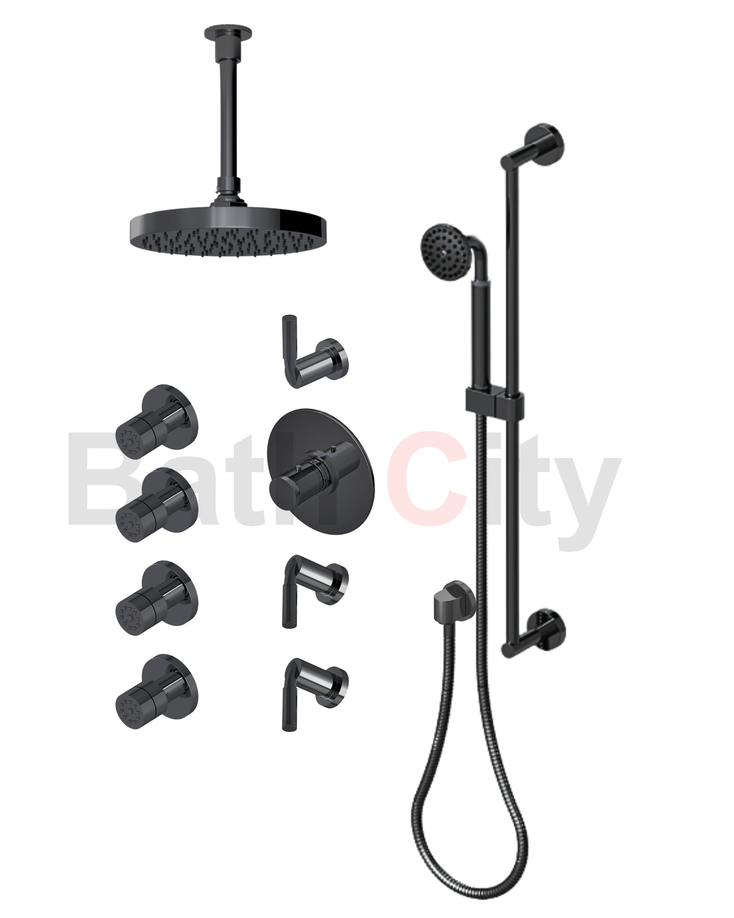 RUBINET 47NVR Nouveau Temperature Control Shower with Three Separate Volume
Controls, Fixed Shower Head, Adjustable Slide Bar,
Integral Supply, Hand Held Shower & Four Body Sprays 8? Ceiling Mount Trim Only