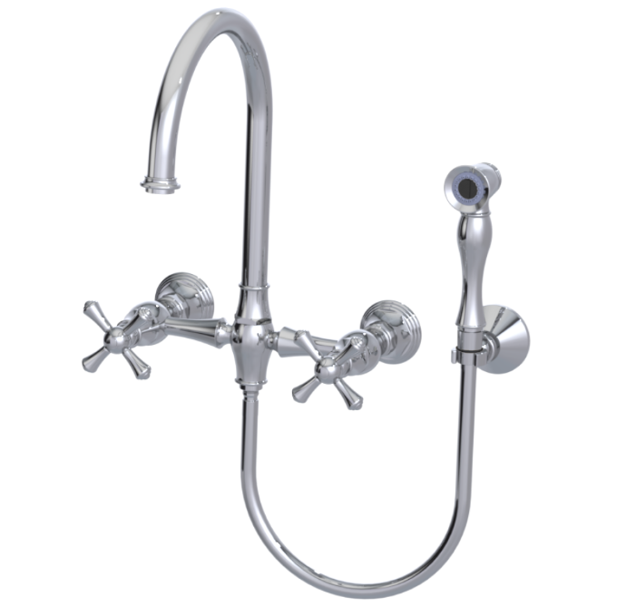 RUBINET 8XFMC Jasmin Wall Mount Kitchen Bridge Faucet with Hand Spray