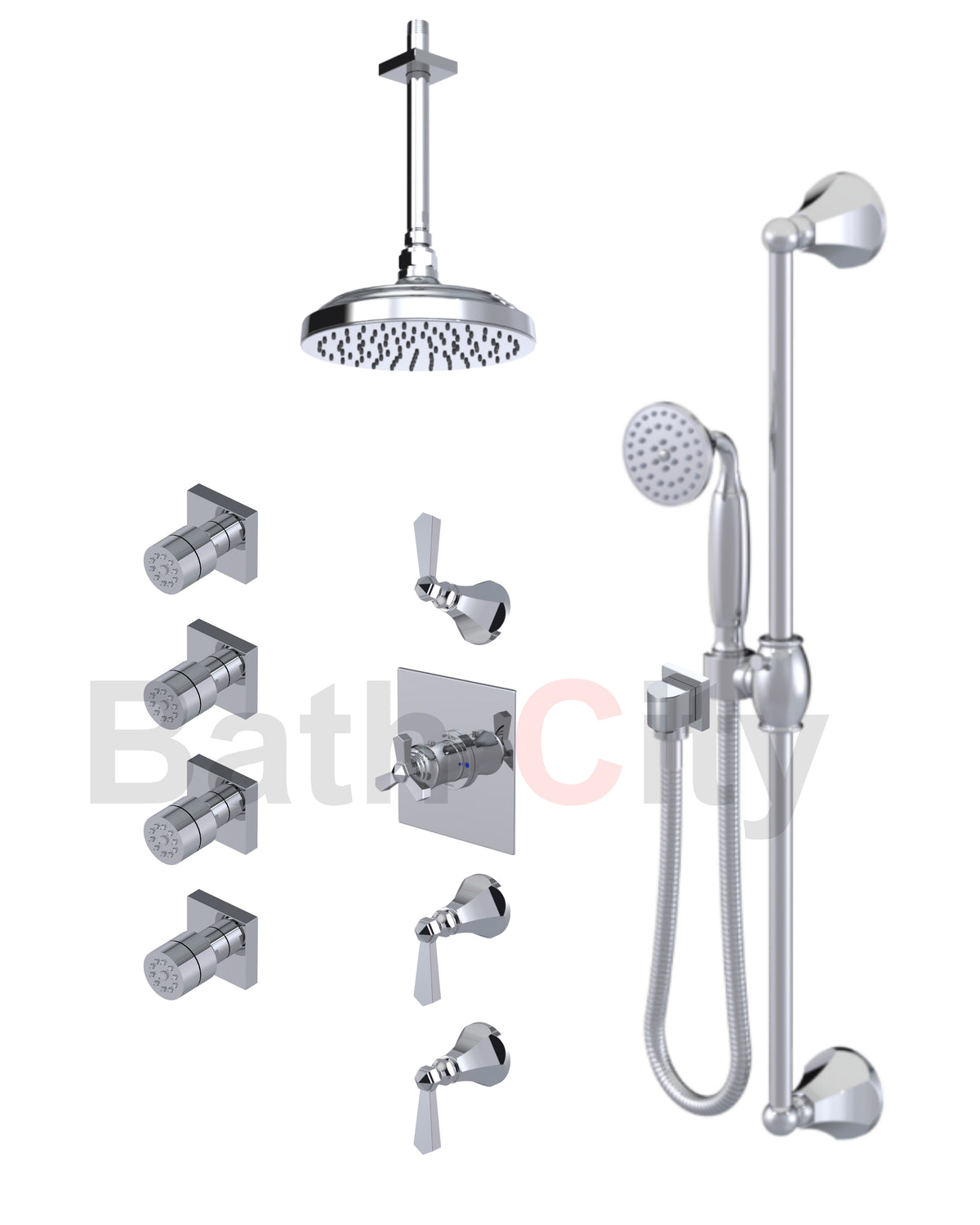 RUBINET 47HXL Hexis Temperature Control Shower with Three Separate Volume Controls, 8" Ceiling Mount Shower Head, Adjustable Slide Bar, Integral Supply, Hand Held Shower &Four Body Jets (Trim Only) Main image