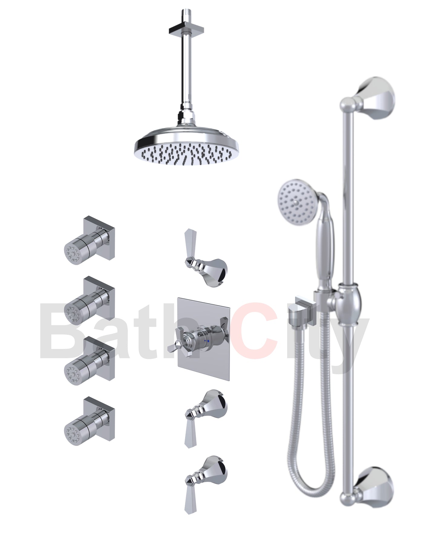 RUBINET 47HXL Hexis Temperature Control Shower with Three Separate Volume Controls, 8" Ceiling Mount Shower Head, Adjustable Slide Bar, Integral Supply, Hand Held Shower &Four Body Jets (Trim Only)