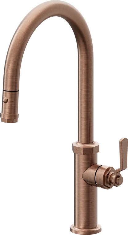 California Faucets Descanso Works K81-100-BL Industrial Pull-Down Kitchen Faucet with Button Sprayer - High Arc Spout