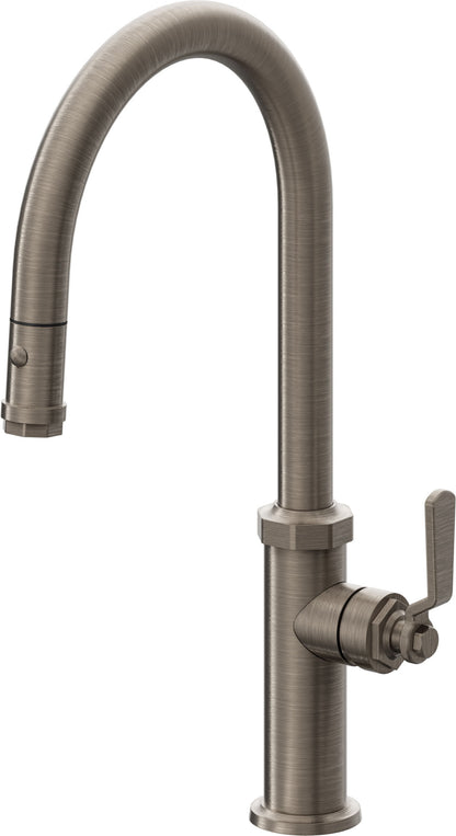 California Faucets Descanso Works K81-100-BL Industrial Pull-Down Kitchen Faucet with Button Sprayer - High Arc Spout