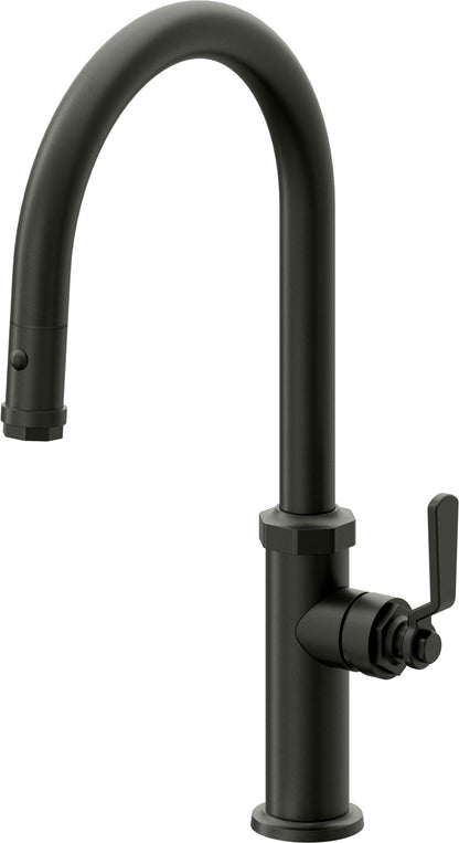 California Faucets Descanso Works K81-100-BL Industrial Pull-Down Kitchen Faucet with Button Sprayer - High Arc Spout
