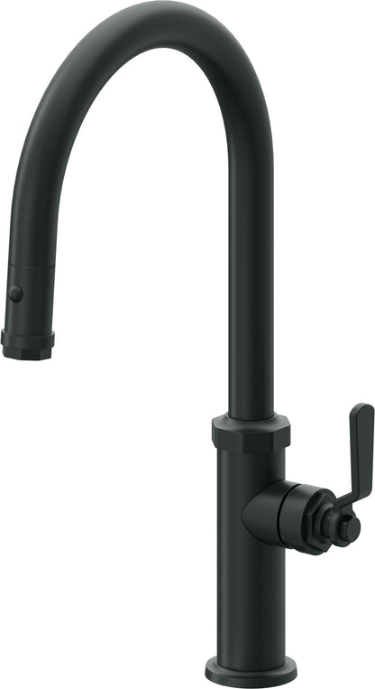 California Faucets Descanso Works K81-100-BL Industrial Pull-Down Kitchen Faucet with Button Sprayer - High Arc Spout