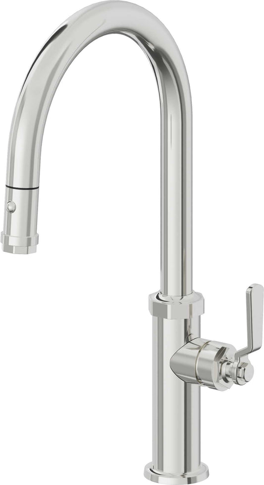 California Faucets Descanso Works K81-100-BL Industrial Pull-Down Kitchen Faucet with Button Sprayer - High Arc Spout