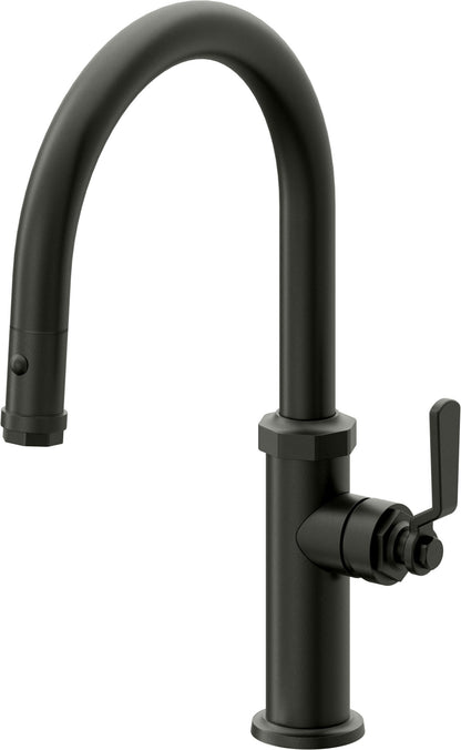 California Faucets Descanso Works K81-102-BL Industrial Pull-Down Kitchen Faucet with Button Sprayer - Low Arc Spout