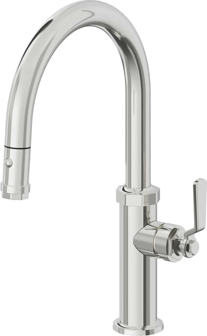 California Faucets Descanso Works K81-102-BL Industrial Pull-Down Kitchen Faucet with Button Sprayer - Low Arc Spout