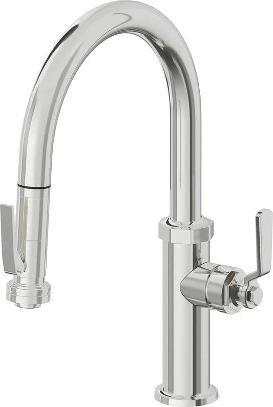 California Faucets Descanso Works K81-102SQ-BL Industrial Pull-Down Kitchen Faucet with Squeeze Sprayer - Low Arc Spout