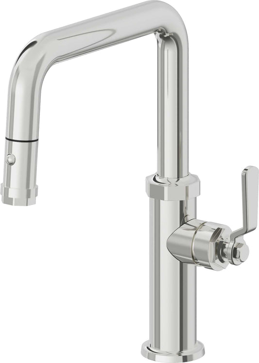 California Faucets Descanso Works K81-103-BL Industrial Pull-Down Kitchen Faucet with Button Sprayer - Quad Spout