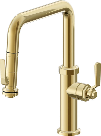 California Faucets Descanso Works K81-103SQ-BL Industrial Pull-Down Kitchen Faucet with Squeeze Sprayer - Quad Spout