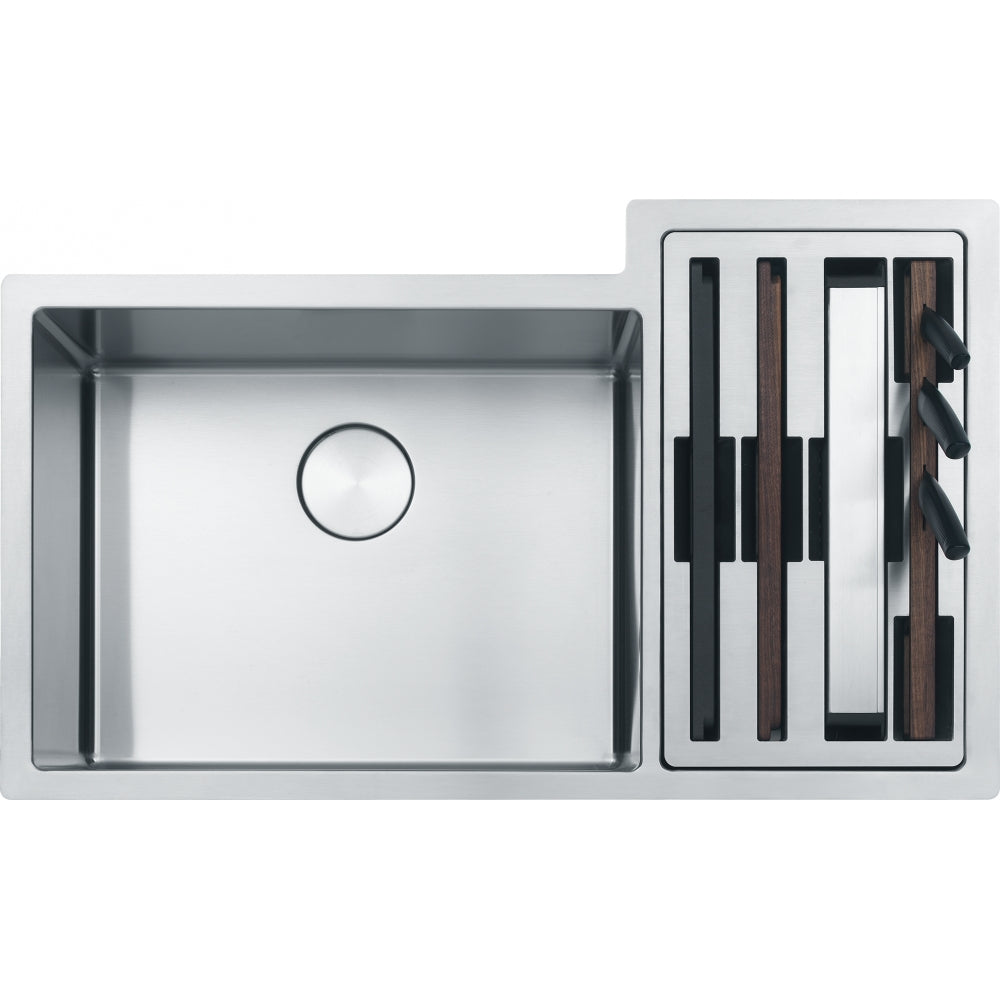 FRANKE CUX16021 CULINARY WORK CENTER UM 19G SS DBL WITH STRAINER BASKET STAINLESS STEEL SINK Main image