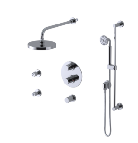 RUBINET 31NVR Nouveau Temperature Control Shower with Two Way Diverter &
Shut-Off, with One Separate Volume Control with
Hand Held Shower, Adjustable Slide Bar, Integral Supply,
Two Body Sprays & Fixed Shower Head 8? Wall Mount Trim Only