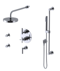 RUBINET 31GNL Genesis Temperature Control Shower with Two Way Diverter & Shut-Off, with One Separate Volume Control with
Hand Held Shower, Adjustable Slide Bar, Integral Supply, Two Body Sprays & 8" Wall Mount Shower Head (Trim Only)