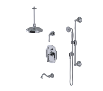 RUBINET 233RVL Raven Pressure Balance Tub & Shower with Three Way Diverter Shared Flow, 8" Ceiling Mount Shower Head, Tub Filler Spout, Hand Held Shower, Adjustable Bar & Integral Supply (Trim Only)