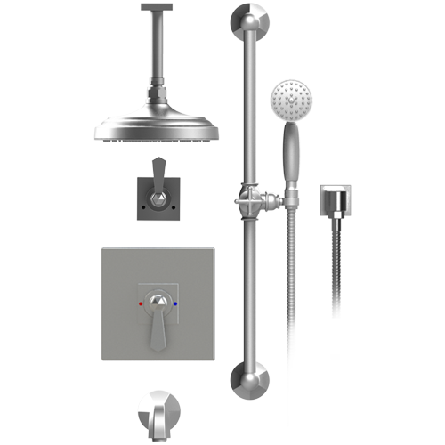 RUBINET 233HXC Hexis Pressure Balance Tub & Shower with Three Way Diverter Shared Flow, Fixed 8" Ceiling Mount Shower Head & Arm, Tub Filler Spout, Hand Held Shower, Adjustable Slide Bar & Integral Supply (Trim Only)
