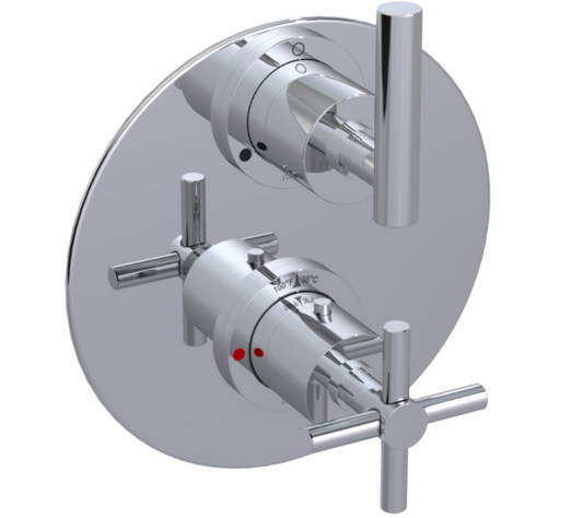 RUBINET 28GNL Genesis Temperature Control Shower & Shut-Off, with One Separate Volume Control, Hand Held Shower, Adjustable Slide Bar, Integral Supply, Wall Mount Bidet / Foot Rinse & 8" Ceiling Mount Shower Head & Arm (Trim Only)