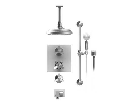 RUBINET 28HXL Hexis Temperature Control Shower with Two Way Diverter & Shut-Off, with One Separate Volume Control, Hand Held Shower, Adjustable Slide bar, Integral Supply, Wall Mount Bidet & 8" Ceiling Mount Showe Head (Trim Only)
