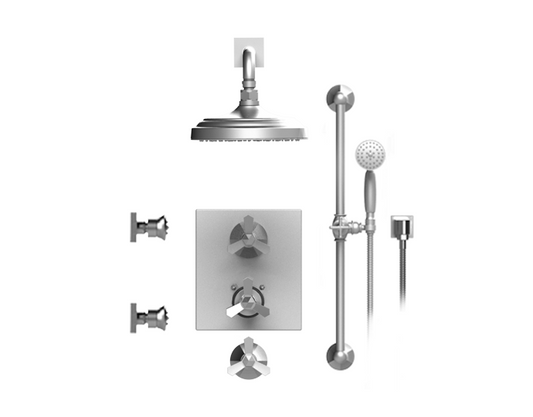 RUBINET 31HXL Hexis Temperature Control Shower with Two Way Diverter & Shut-Off, with One Separate Volume Control, Hand Held Shower, Adjustable Slide bar, Integral Supply, Two Body Sprays & 8" Wall Mount Showe Head (Trim Only)