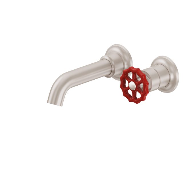 CALIFORNIA FAUCETS TO-V8001WR-7 Descanso Works Single Handle Lavatory Wall Faucet Trim Only - Red Wheel Handle