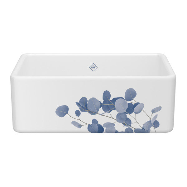 SHAWS MS3018 30 Inch Shaker White Single Bowl Farmhouse Apron Front Fireclay Kitchen Sink With Eucalyptus Design Main image
