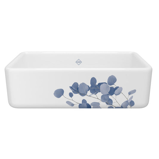 SHAWS RC3318 33 Inch Lancaster White Single Bowl Farmhouse Apron Front Fireclay Kitchen Sink With Eucalyptus Design